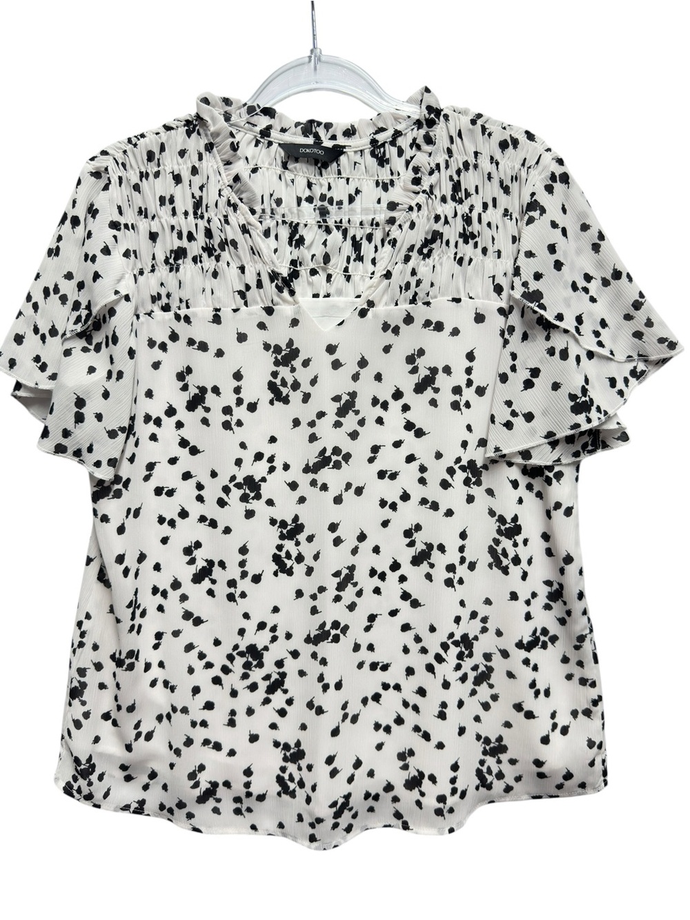 Silky Crinkle Chiffon Knit Vines Leafs Dots Smocked Flutter Ruffle Blouse Top